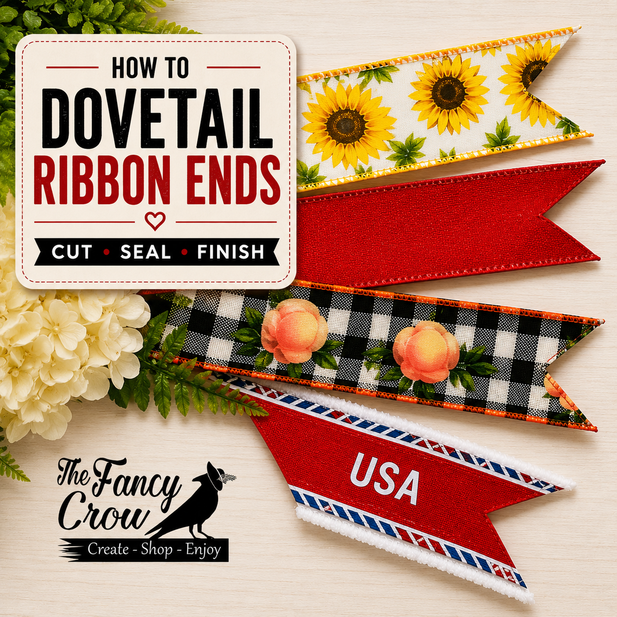 Dovetail ribbon ends with assorted wired ribbons for a ribbon finishing tutorial